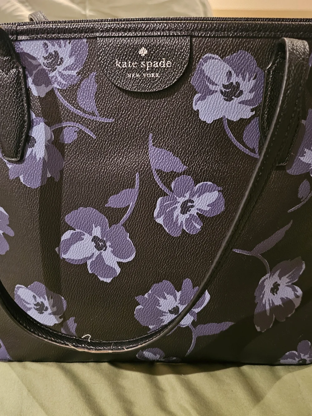Kate Spade Black Blue Purple Floral Tote Purse Bag With Zipper Vegan Leather - Picture 4 of 9